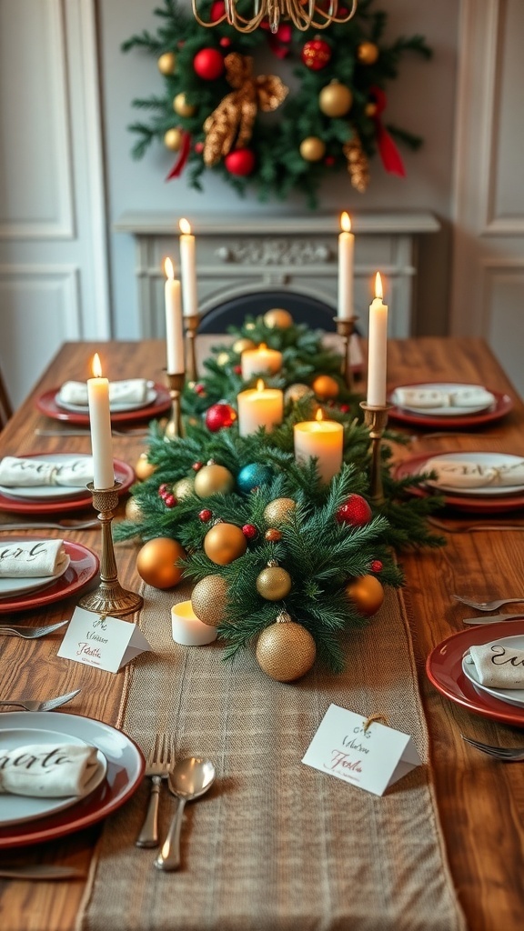 A festive Christmas dinner table with candles, greenery, ornaments, and place cards.